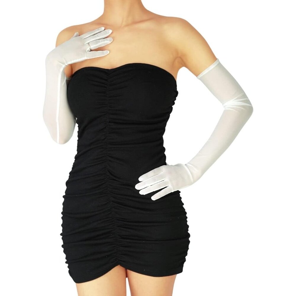 Women's Lvory Tulle Mesh Long Satin Silk Sheer Gloves Design Costume Party Prom